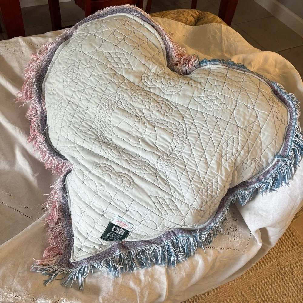 Oversized Vintage Quilt Tapestry Turned into Heart Shaped Cherub Pillow w Fringe